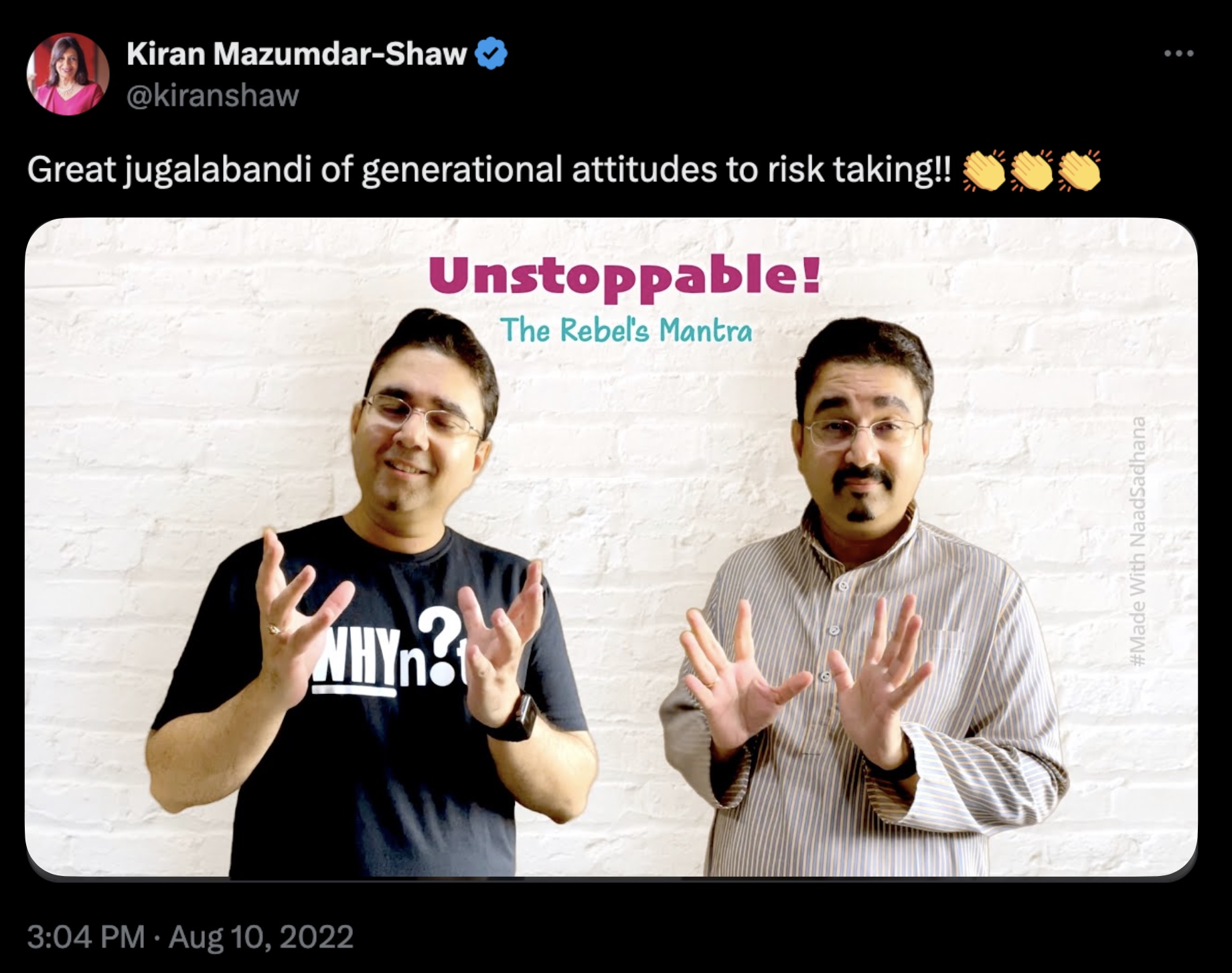 Kiran Mazumdar-Shaw posting the Rebel's Mantra (Twitter)